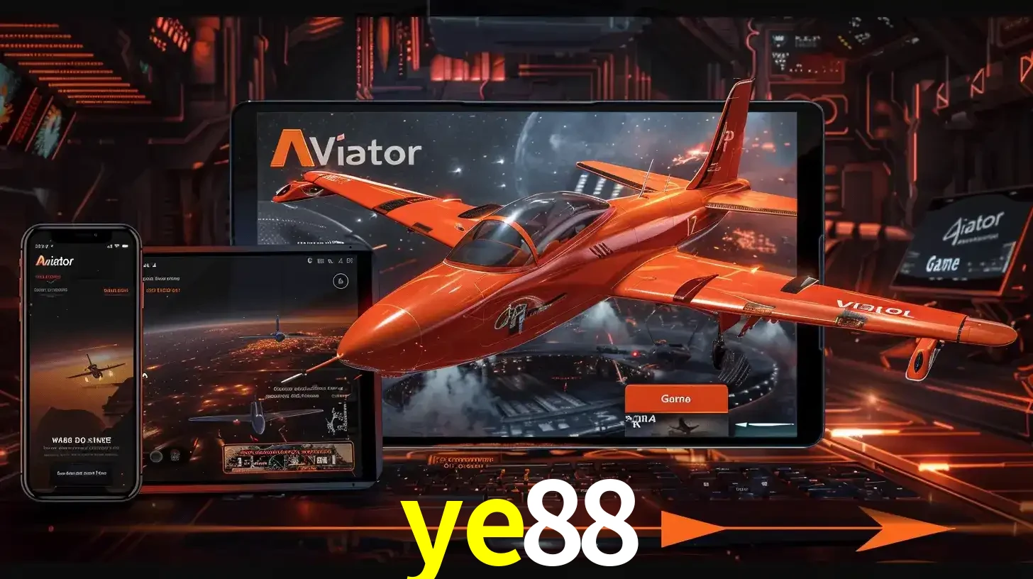 Apresentação tecnológica do jogo Aviator com um avião saindo da tela de um tablet, demonstrando a experiência imersiva em múltiplos dispositivos no ye88.