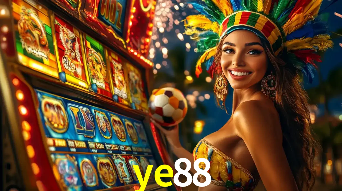 Mulher com um cocar de carnaval ao lado de uma máquina de caça-níqueis enquanto segura uma bola de futebol, mostrando a união da diversão de cassino e esportes no ye88.