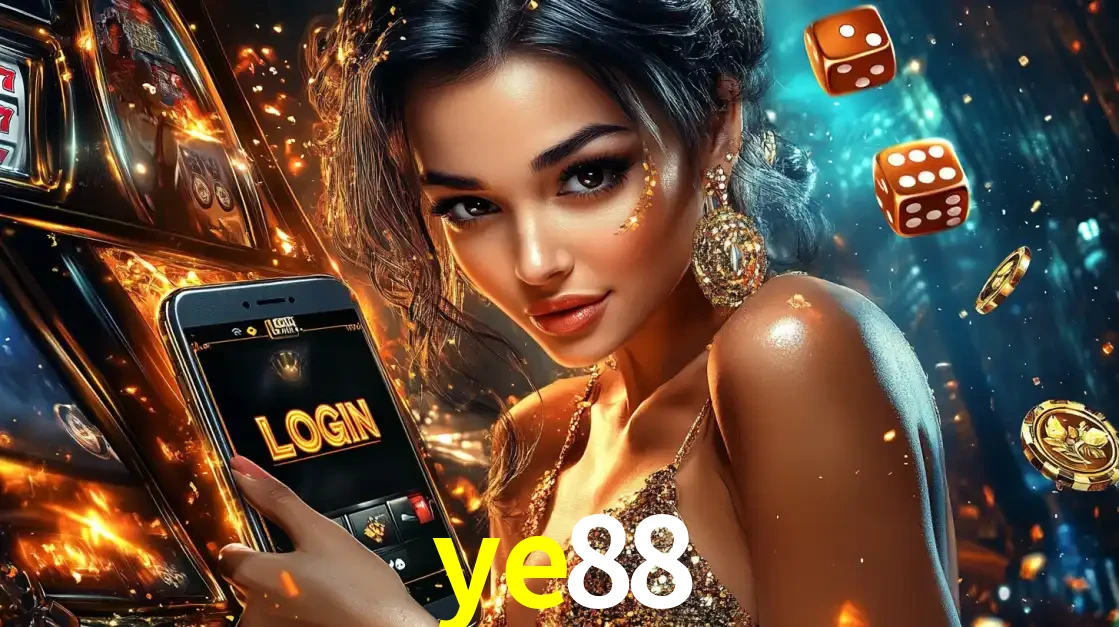 Mulher glamourosa segurando um celular com a tela de login do cassino ye88, rodeada por dados e moedas douradas, pronta para começar a diversão.