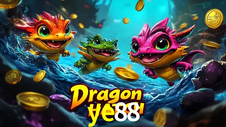 Arte promocional do jogo Dragon Hatch com três adoráveis dragões bebês nadando entre moedas de ouro, um dos slots mais divertidos para jogar no cassino ye88.