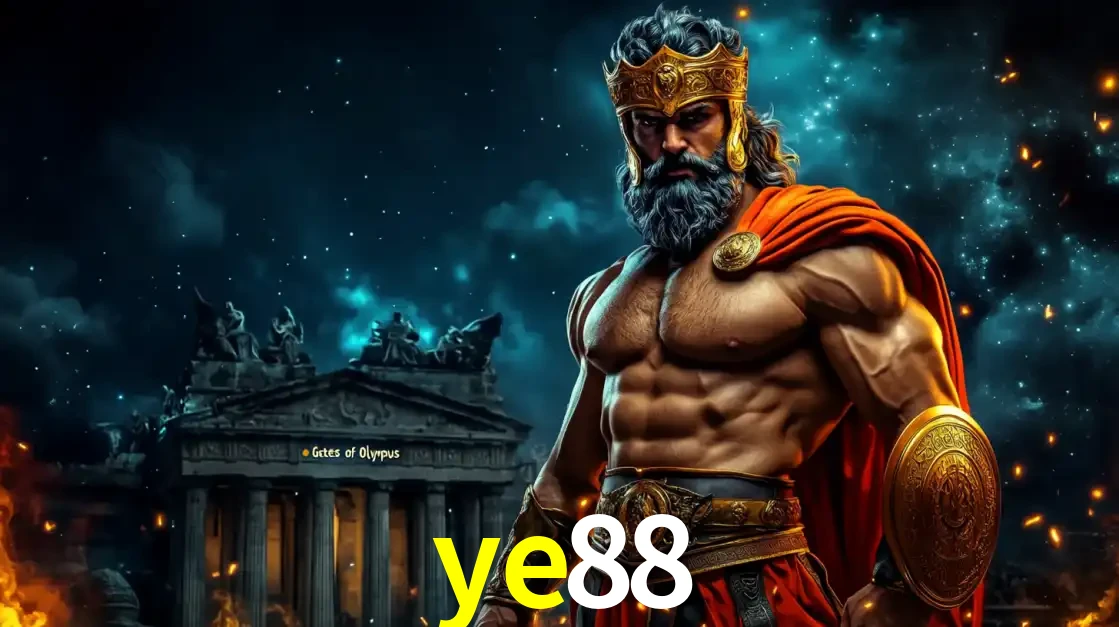 O poderoso Zeus do jogo de slot Gates of Olympus em frente ao seu templo, pronto para lançar multiplicadores divinos e prêmios épicos no cassino online ye88.