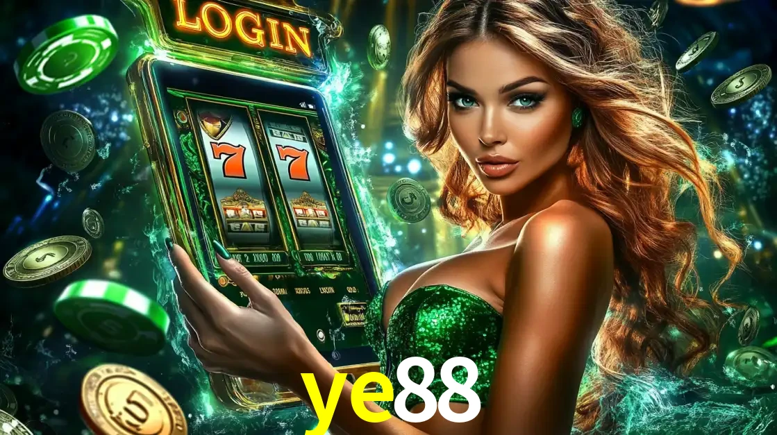 Mulher com tema verde apresentando o aplicativo do cassino ye88 com um jogo de slot de 777, cercada por fichas de cassino e uma aura de sorte.