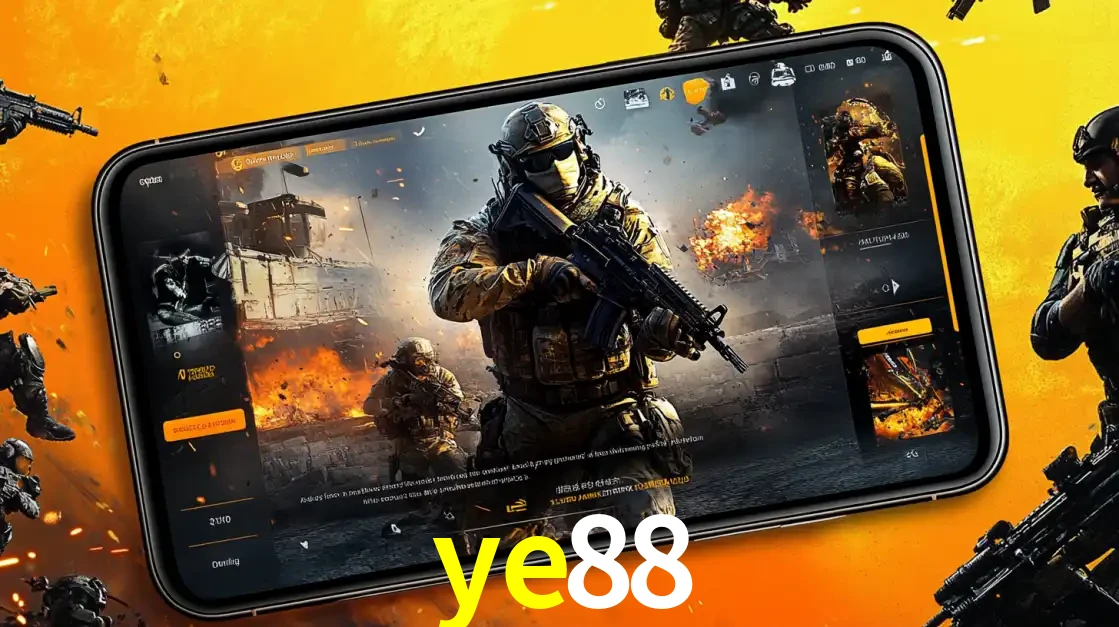 Um smartphone exibindo a interface de um jogo de tiro em primeira pessoa, com um soldado em um cenário de batalha, representando a ação dos e-sports para apostar no ye88.