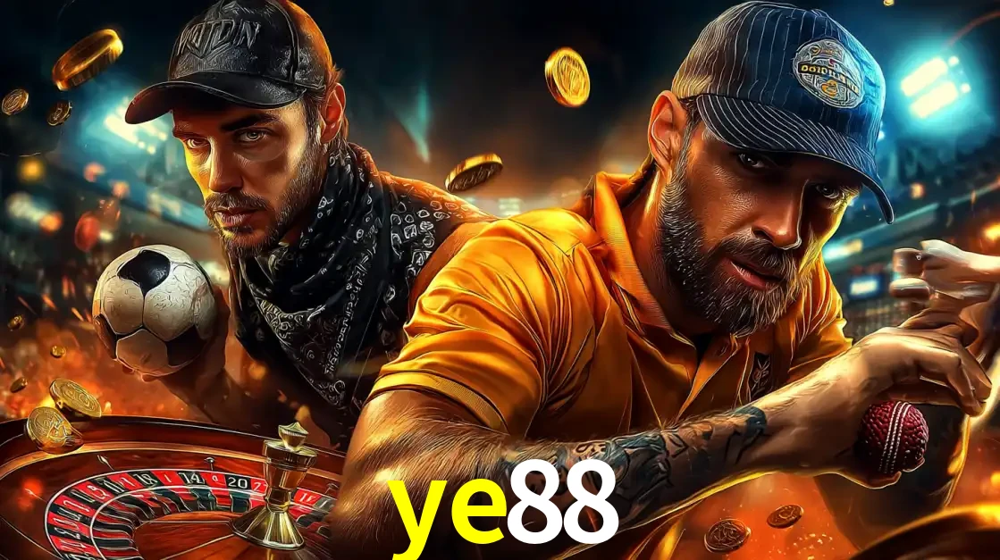 Montagem de apostas esportivas e cassino no ye88, com um homem segurando uma bola de futebol e outro uma de beisebol sobre uma roleta e moedas voadoras.