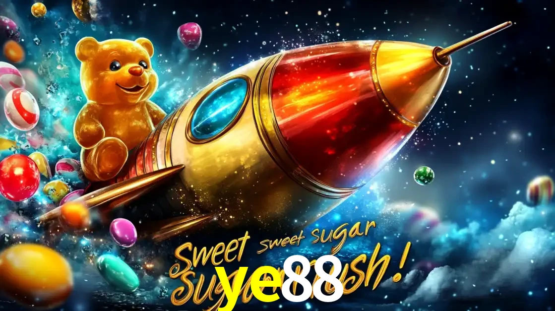 Arte promocional do jogo de slot Sugar Rush, com um urso de pelúcia em um foguete viajando pelo espaço de doces, um dos jogos divertidos disponíveis no cassino ye88.