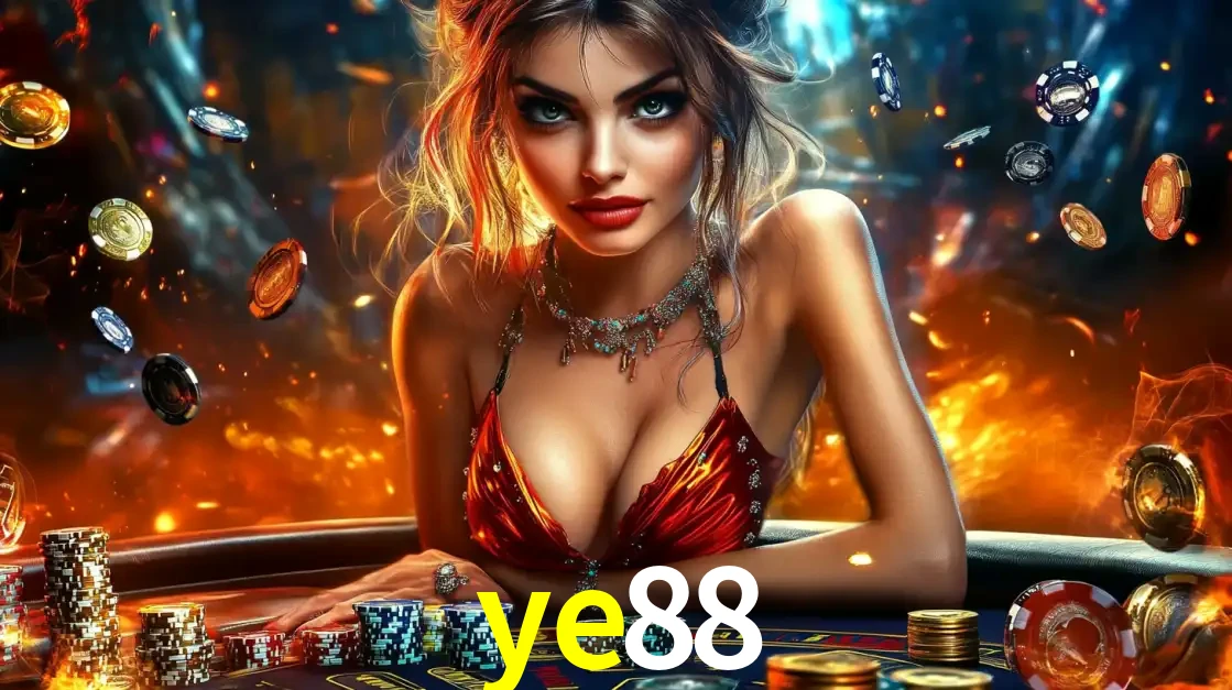 Mulher em uma mesa de cassino com pilhas de fichas e um fundo de fogo, pronta para uma rodada de altas apostas nos jogos de mesa emocionantes do cassino ye88.