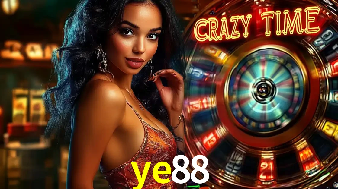 Mulher elegante ao lado da vibrante roda da fortuna do jogo de cassino ao vivo Crazy Time, um dos game shows mais populares e cheios de prêmios do ye88.