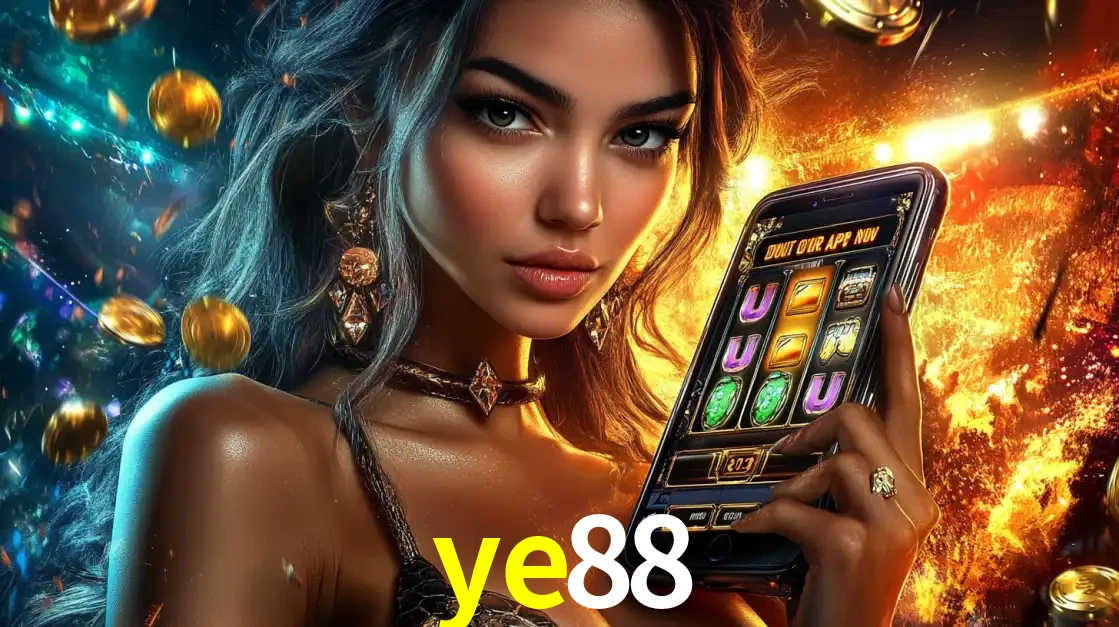 Mulher elegante mostrando um jogo de caça-níqueis em seu smartphone, destacando a experiência de cassino móvel oferecida pelo aplicativo ye88.